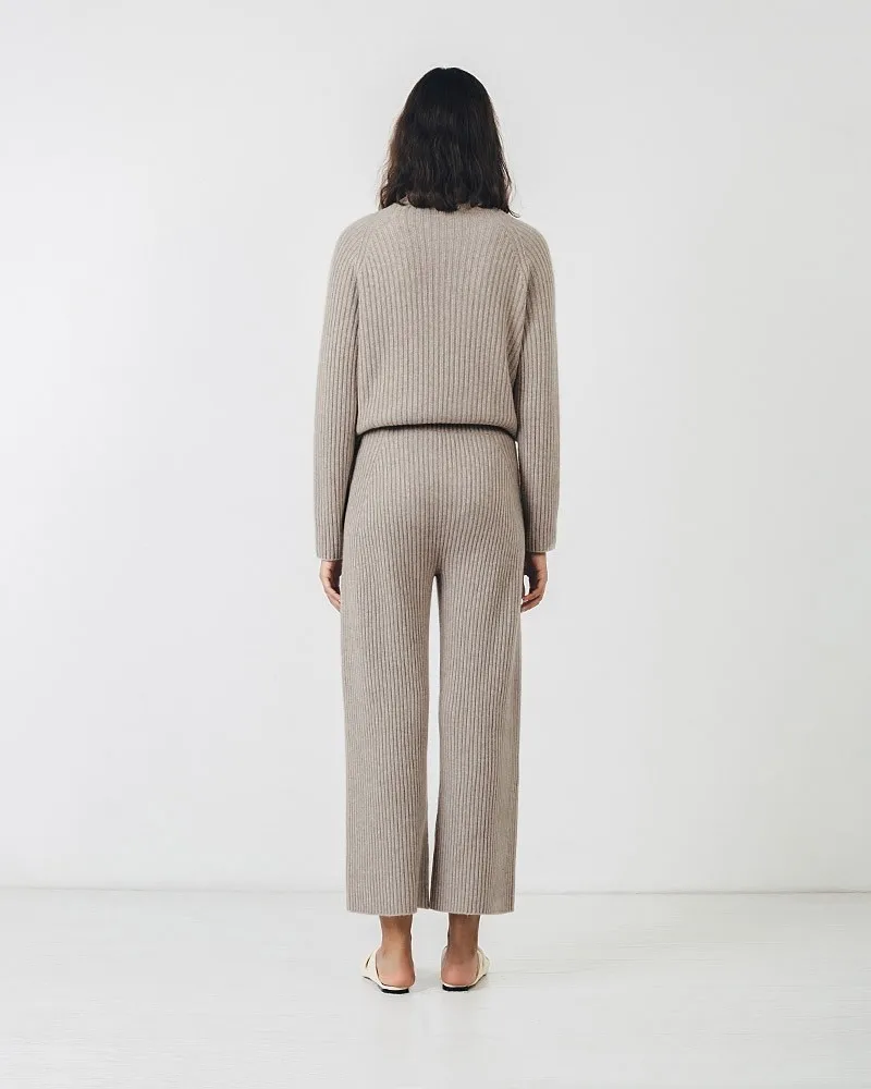 Womens 100% Pure Cashmere Lounge Set Half Collar Wide Leg Knit Wool Cashmere women sweater 2 piece sets