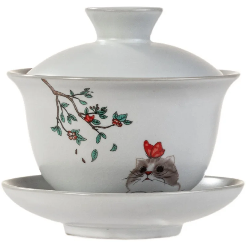 190ml 6.5oz Handmade ceramic cup with lid and Plate Chinese style cat Chawan White porcelain tea cup and saucers