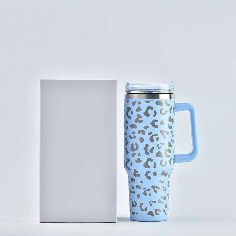 USA warehouse Stainless Steel Insulated Travel Water Tumbler Ice-flow Quencher Sublimation Leopard 40oz Tumbler with Handle