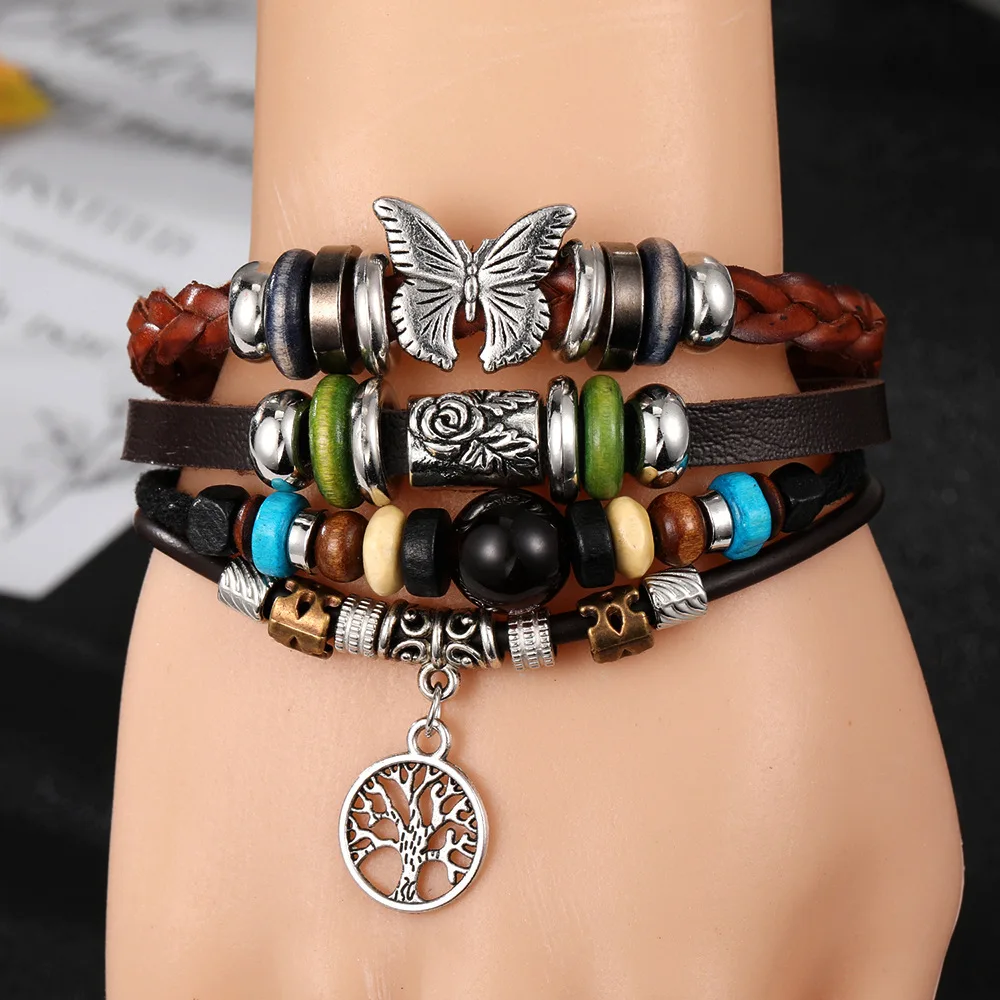 Assorted Vintage Punk Leather Bracelet  Cool Wooden Beads Cross Butterfly Leaf Feather Charm Leather Bracelets Couple Gifts