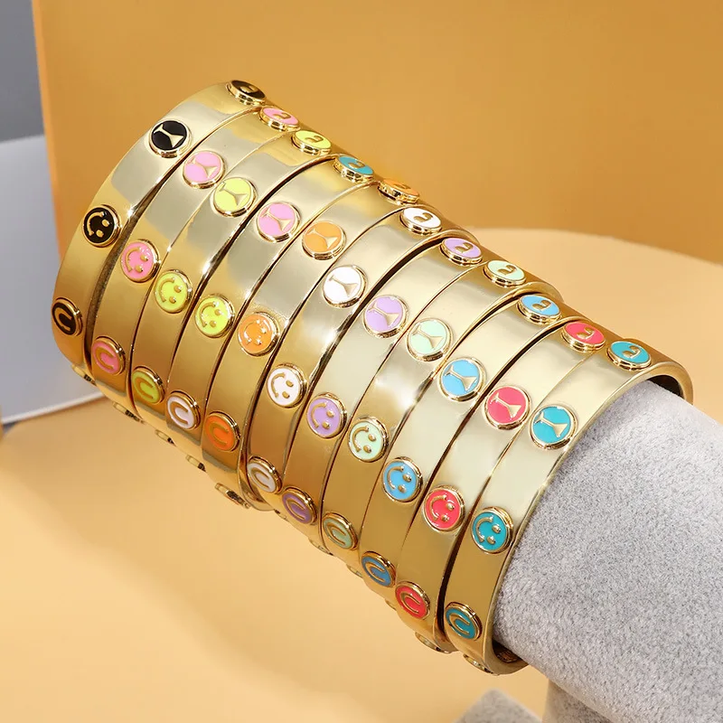 Rainbow Gold Plated Friendship Bracelet Colorful Emojis Bangle Enamel Smile Face Cuff Bangle Bracelet For Women