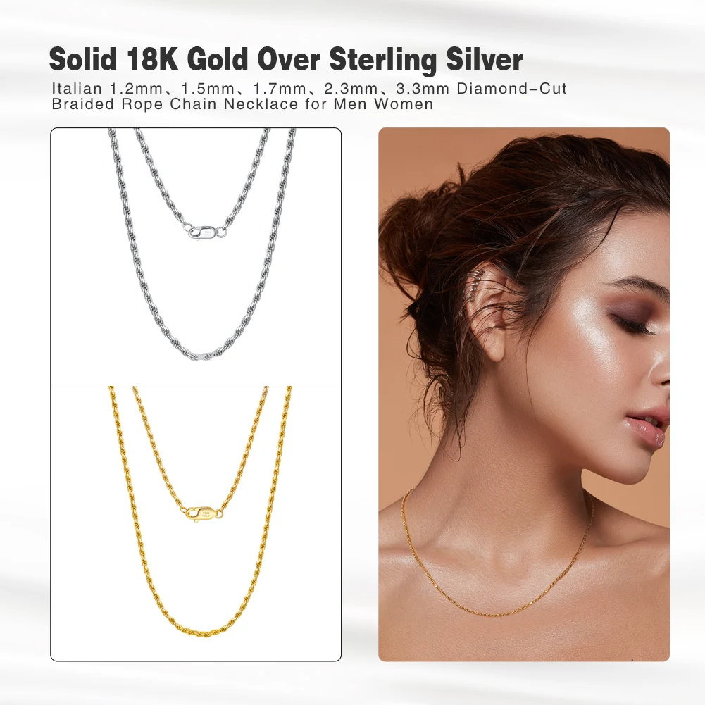 SC29-18K 1.5MM Thick 18K Gold Plated Real 925 Sterling Silver Rope Chain Necklace