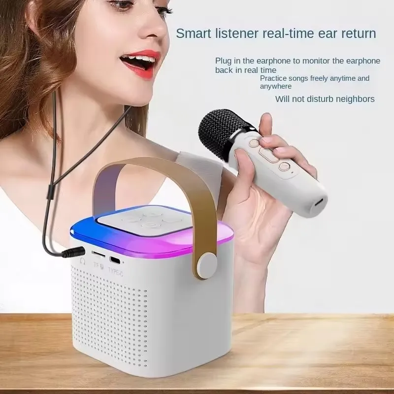 Portable Mini Rgb Blue Tooth Karaoke Machine Speaker With Wireless Microphones Studio Subwoofer Player