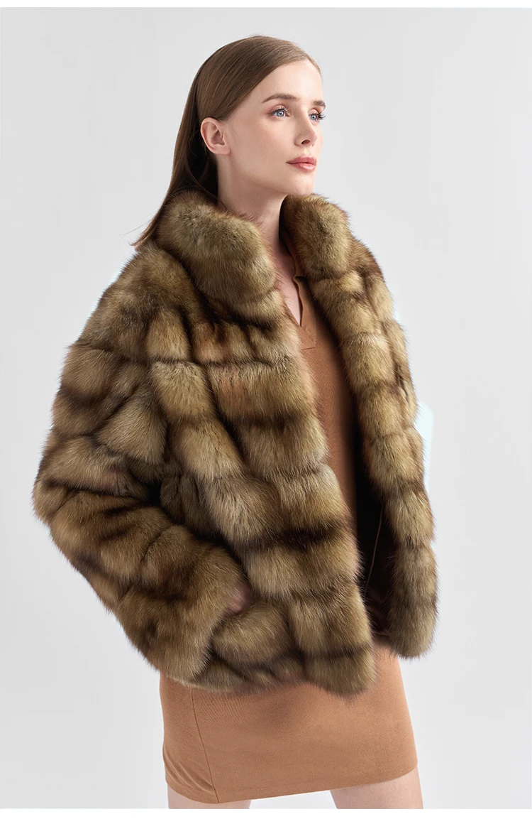 Luxury Real Russian Sable Fur Coat Winter Warm Long Sleeve Standing Collar Mink Coat With Pocket