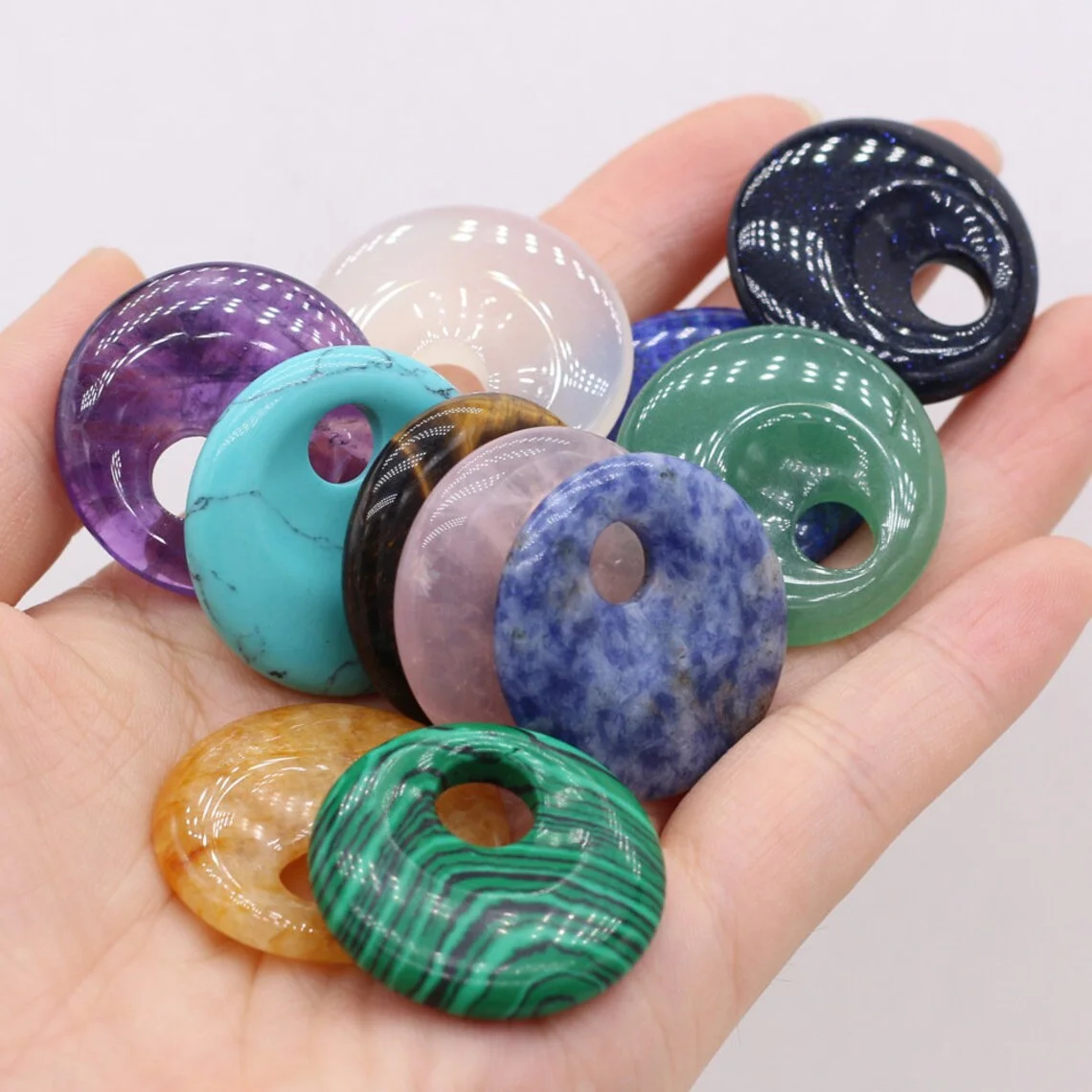 18mm Natural Crystal Agate Side Big Hole Peace Buckle Pendant Charm Disc Donut Lucky Coin Stone Pendant for DIY Jewelry Making