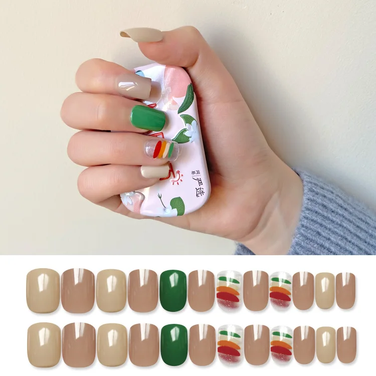 NEWAIR hot selling nail tips short square full cover false fingernail rainbow pattern press on abs false nails tips