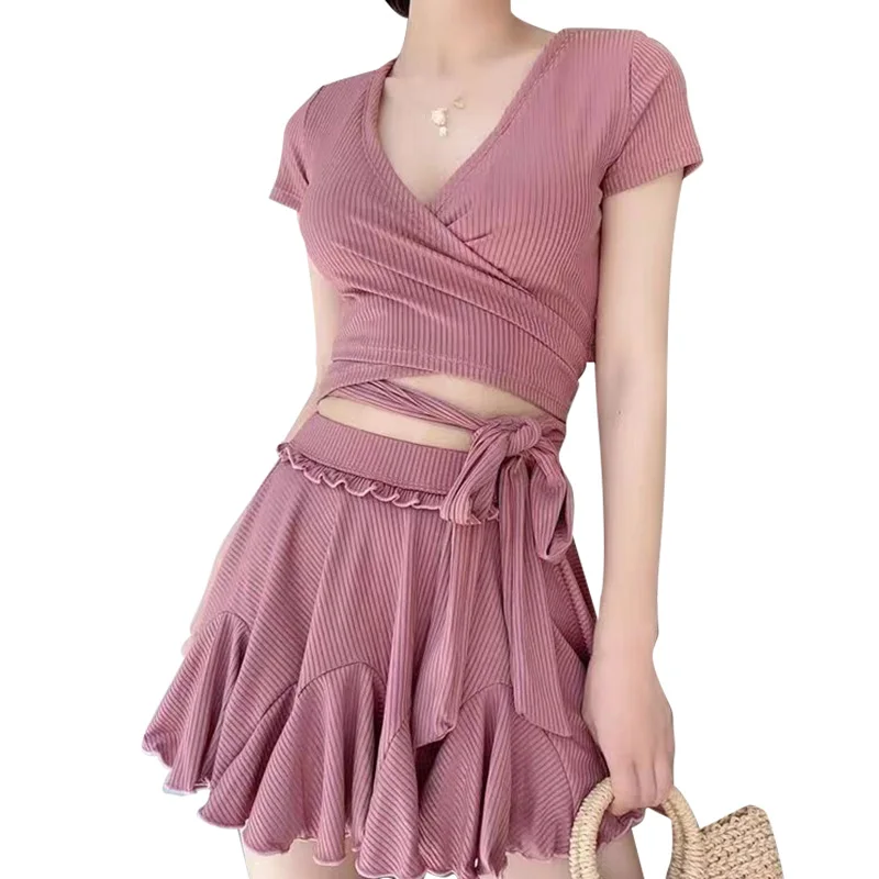 New fashion French solid color swimsuit dress conservative cover abdomen thin open skirt spa swimsuit women