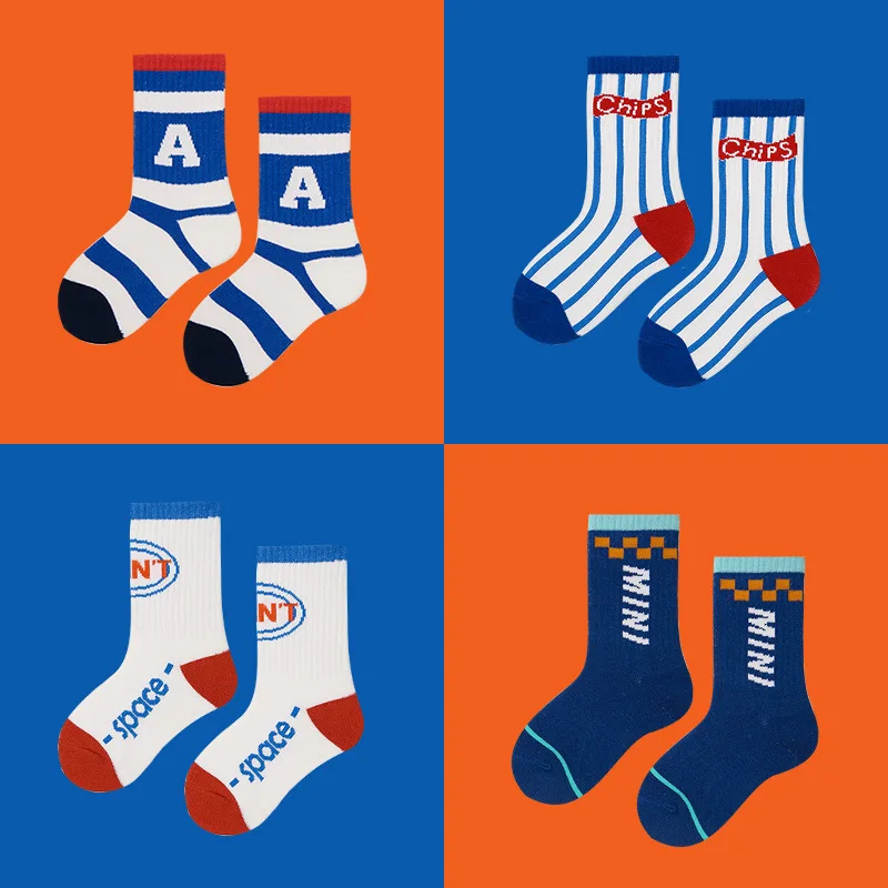 KTS478  Custom Jacquard Fashion Design Letters Logo Combed Cotton Bamboo Casual Kids Children Happy Crew Socks For Girls Boys