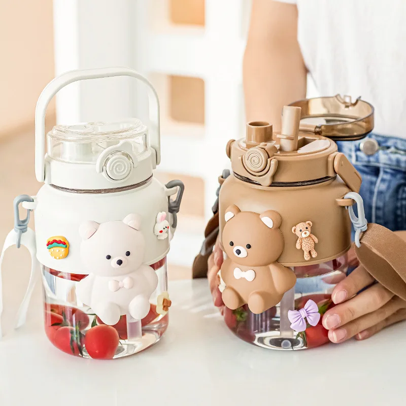 Kawaii bear 32oz big capacity drinking gourde enfant cup leakproof bpa free children school plastic water bottles with straw