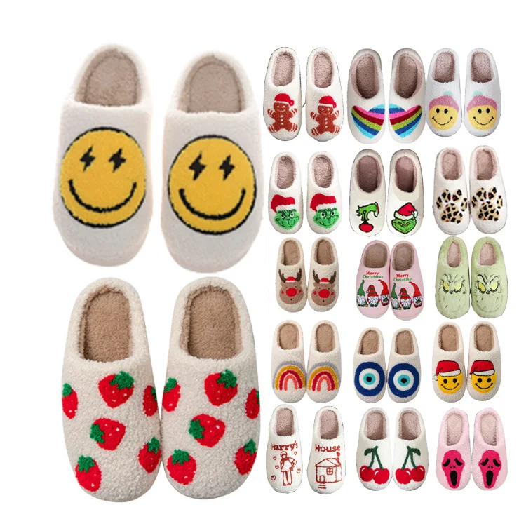 Wholesale indoor smiley face slippers fuzzy Cartoon comfy house Unisex Home christmas Santa Grinch Slippers for Women