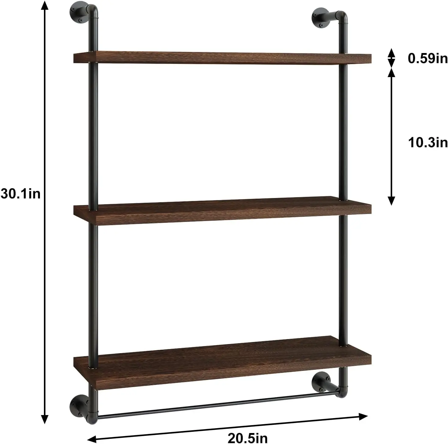 Fixwal 24in Over The Toilet Storage 3 Tier Bathroom Shelves Wall Mounted,Rustic Wood Industrial Pipe Shelf(Dark Carbonized Black