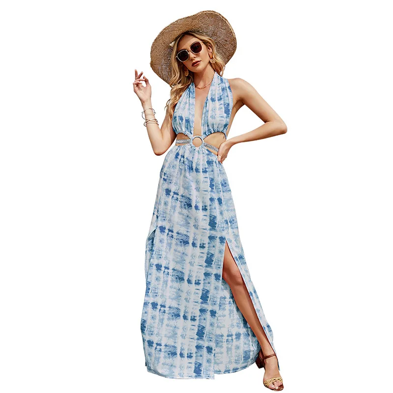 Summer beach tie-dye pattern hollow out Dress Sun Protection Casual Women Bikini Cover Up cotton long Dresses