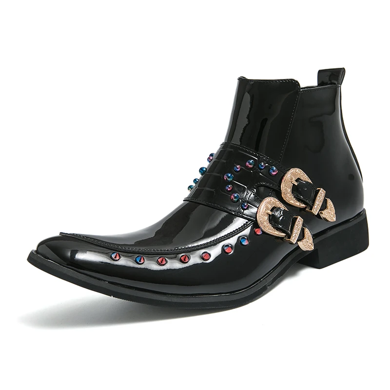 Size 38-46 Pointed Toe Patent Leather Men Monk Shoes Rivet Upper Golden Color High Ankle Boots for Men