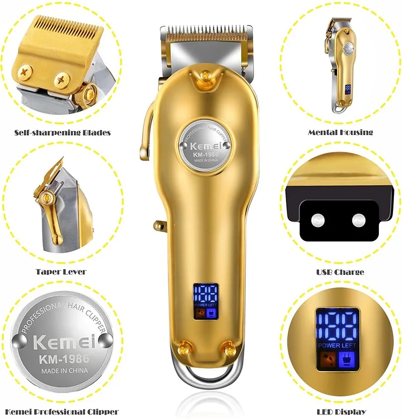 Kemei 1986 All-metal Barber Professional Hair Clippers Electric Cordless LCD Hair Trimmer Gold Silver Hair Cutting Machine Mower