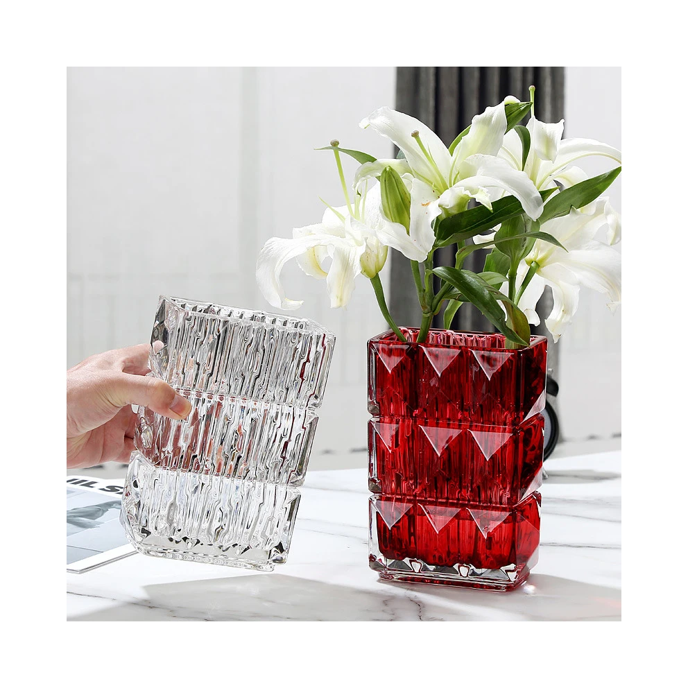 Thickened Murano glass vase 3d printed vase square finely engraved glass transparent water flower vase table home decoration