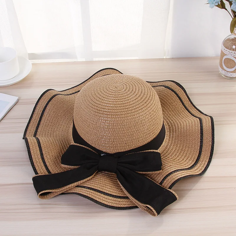 2021 summer big straw hat casual ladies wave side bow straw hat beach shade seaside vacation visor cap