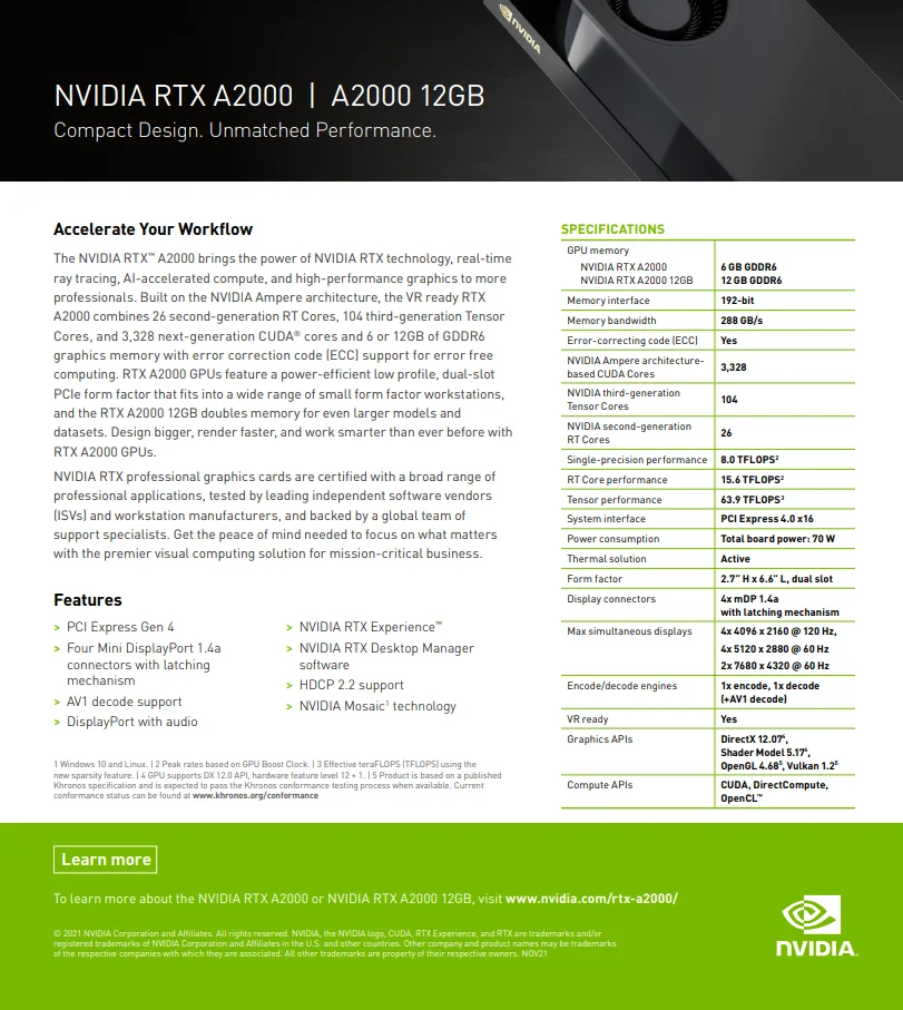 RTX A2000 12GB Desktop gpu graphics card nvidia quadro card