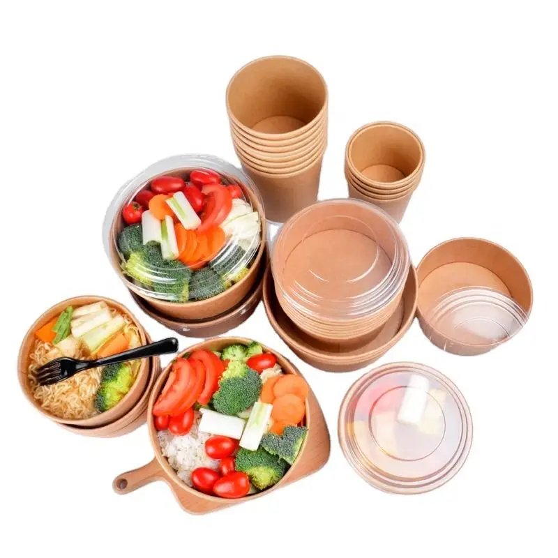 Custom Print Eco-friendly Disposable Food To Go Packaging Container Kraft Paper Bowl Rice Soup Cup Take Away Salad Bowl With Lid