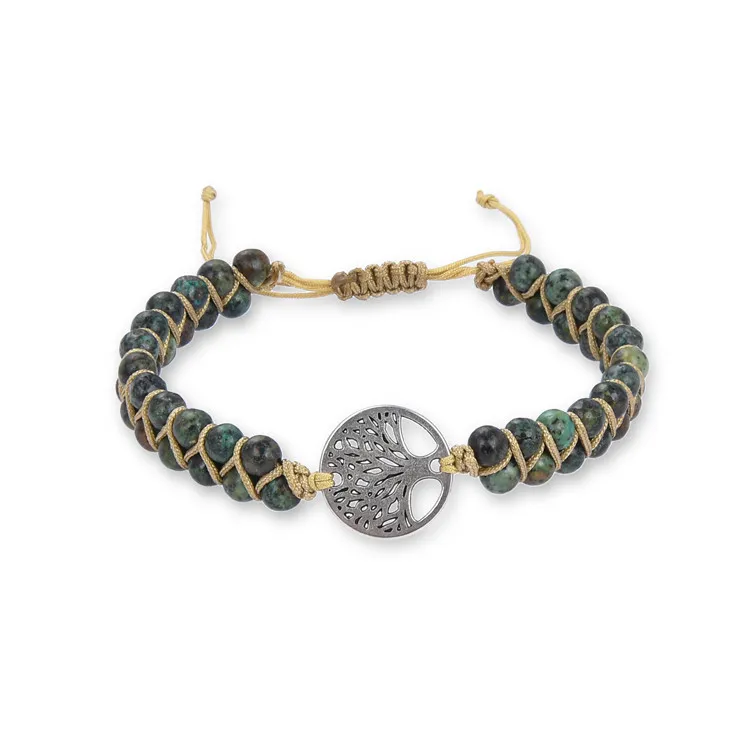 Natural 4mm stone bead braided 2 rows stone african turquoise bracelet tree of life charm adjustable bracelet