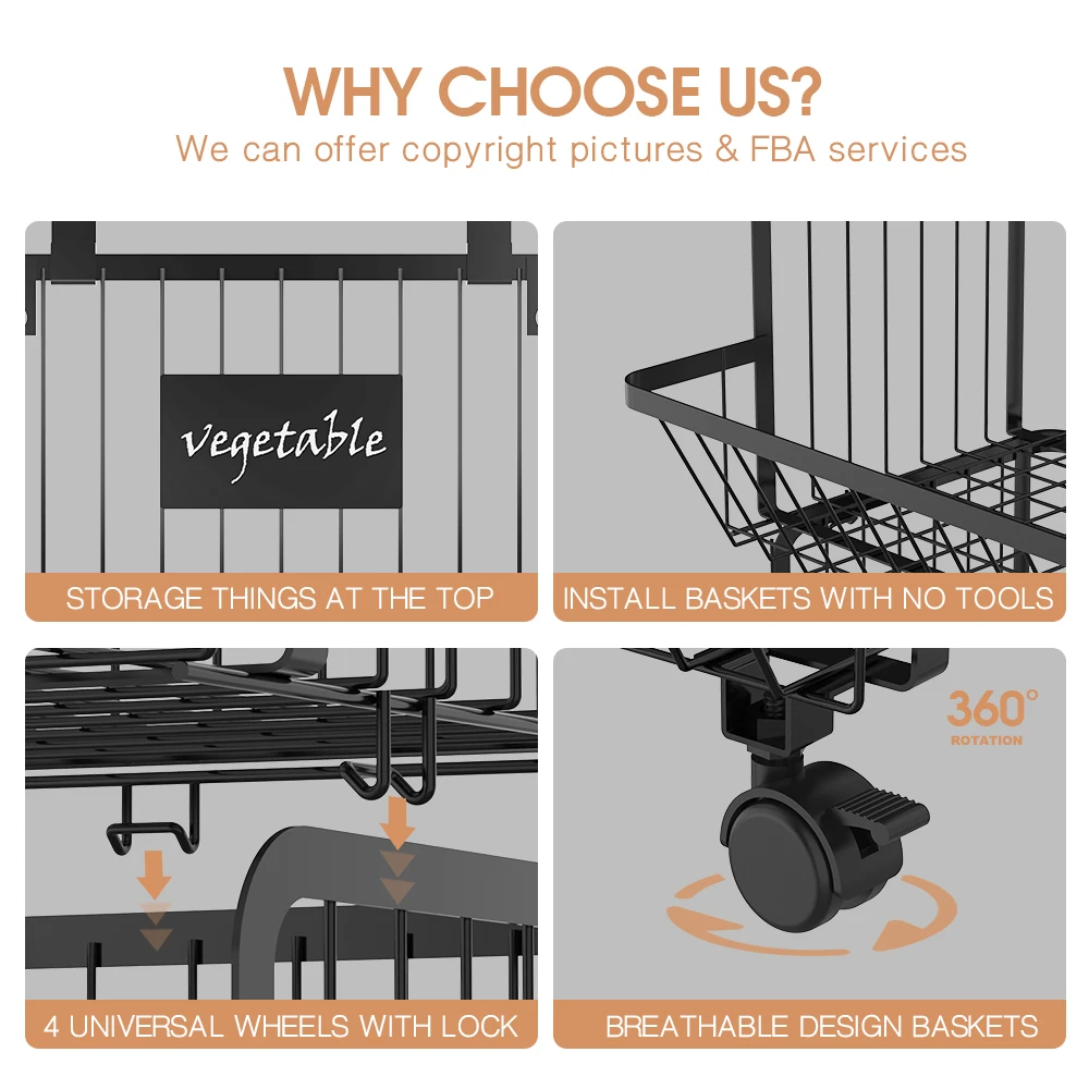 Wall mounted kitchen storage 3 tier hanging vegetable and fruit storage basket