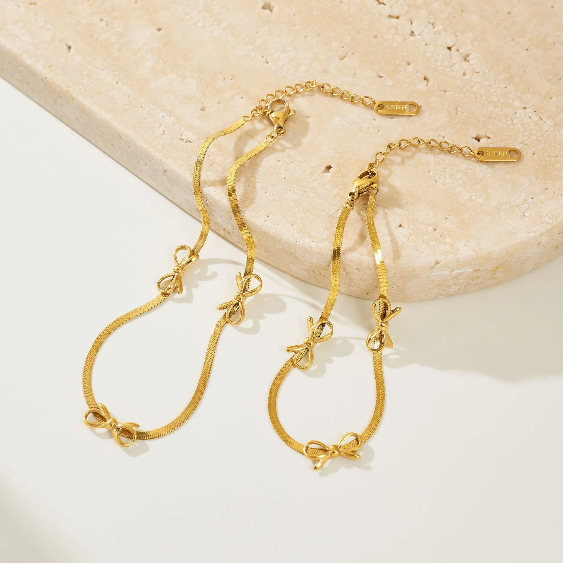 Non tarnish stainless steel gold plated bow bracelet anklet necklace for women