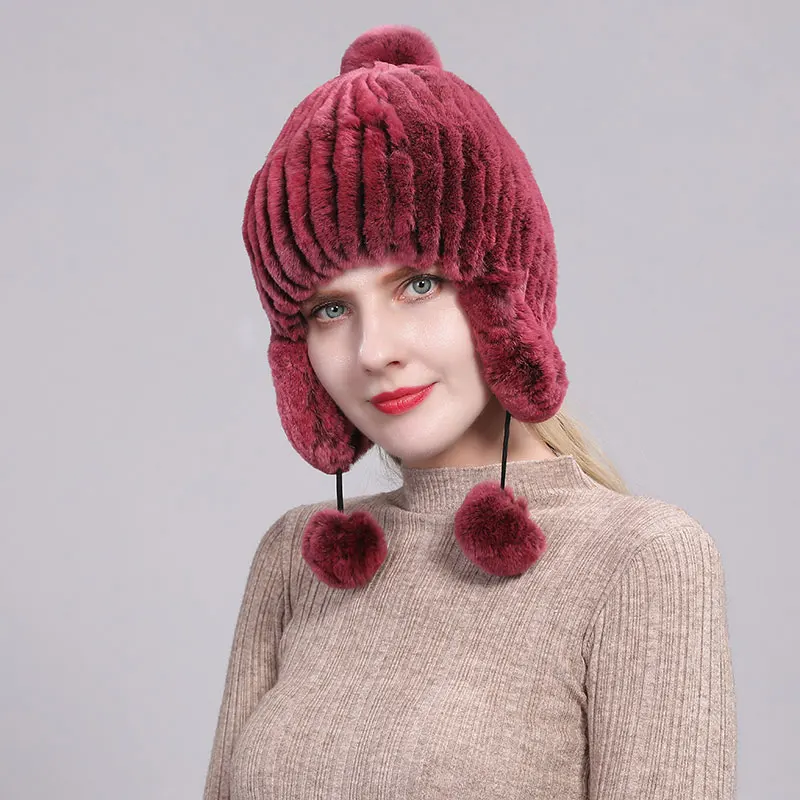 High-Quality Hand-Stitched Rex Rabbit Fur Hat With Rex Rabbit Fur Ball