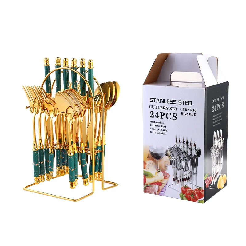 New marble ceramic handle gold cutlery stainless steel cutlery set holder ceramic Knife fork spoon set