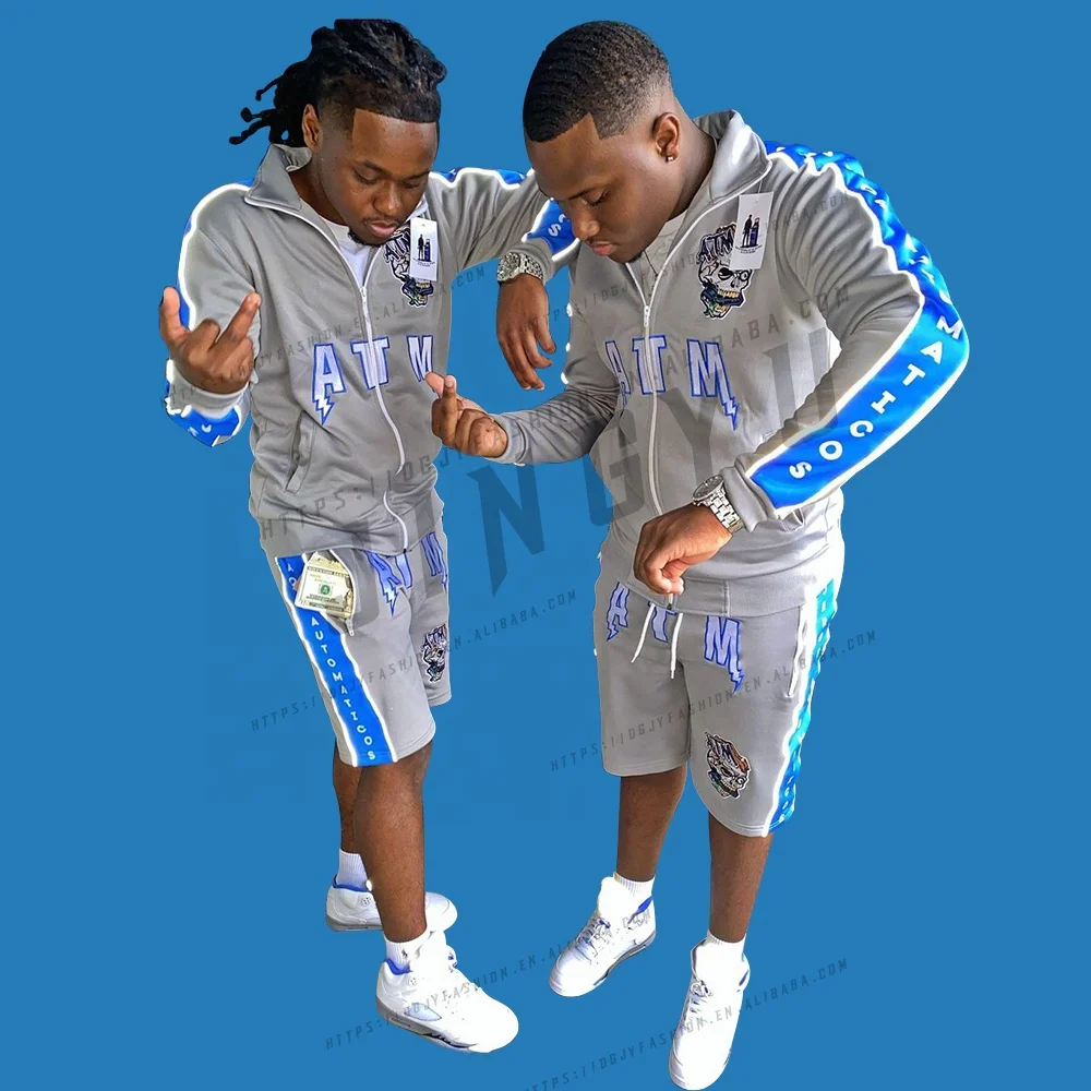Newest Customized Sweat Suit Men shorts Jogging Sports reflect Sweatsuit Suits Wholesale side stripes reflective tracksuits