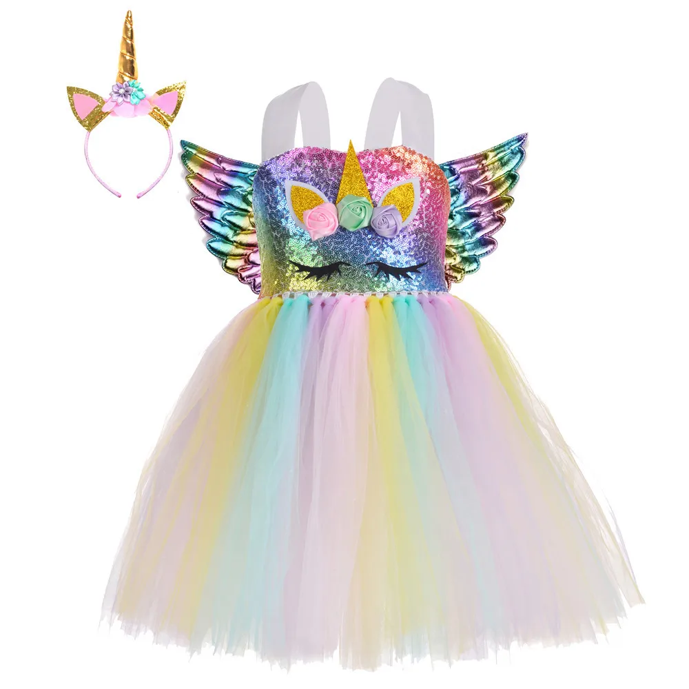 Fashionable Unicorn Mesh 2 To 12 Years Summer Party Tutu Dresses For Baby Girls