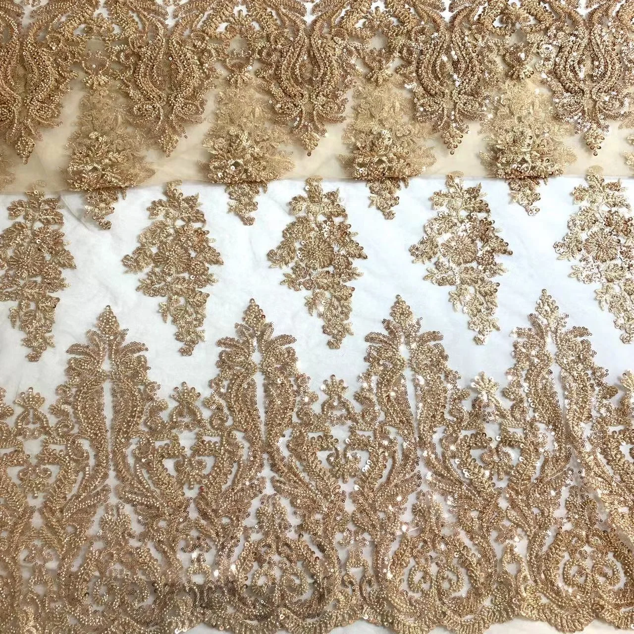 Luxury gold beaded mesh tulle lace fabric 100% polyester heavy beaded sequin fabric for dress