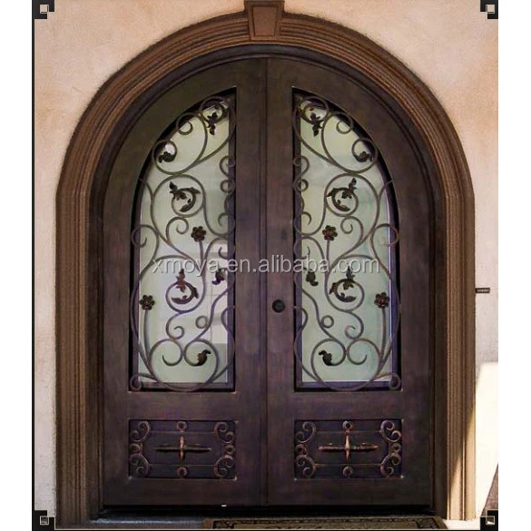 Modern Sheet Metal Wrought Iron Main Double Entrance Steel Beautiful Design Eyebrow Front Bronze Security Iron Doors For House