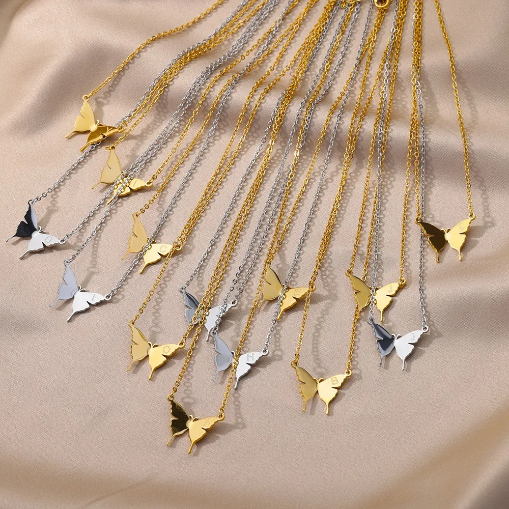Creative New Stainless Steel Butterfly Pendant Necklace Trendy Butterfly 26 Letter Steel Seal Collar Necklace
