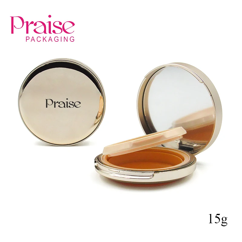 Gold plating custom design cosmetics plastic packaging, 15g round makeup air cushion BB powder liquid foundation empty case