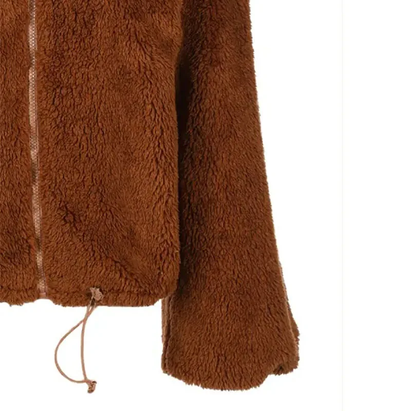 Custom Women Winter Autumn Long Sleeve Teddy Coat Drawstring Jacket Zip Up Tops Casual Sweatshirts with Lantern Sleeves