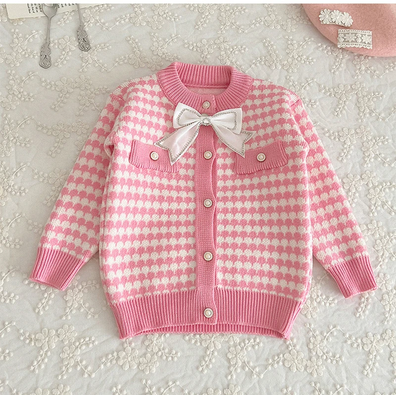 New Hot Selling Baby Girls Knitted Clothing Two Pieces Sweater Sets Lovely Girls Bow Sweater and Skirt Suits