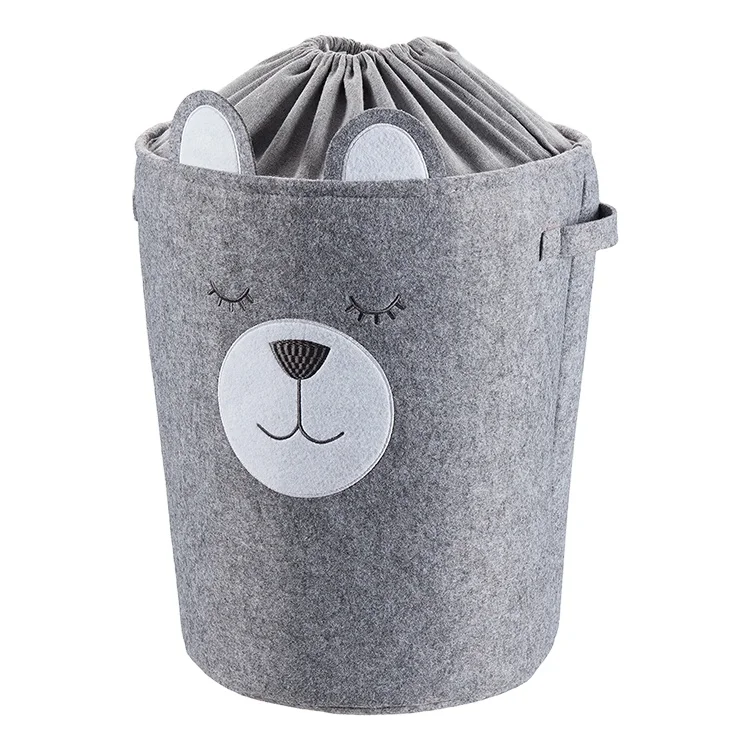 xingma felt animal Home round grey bucket drawstring felt bear laundry baby storage basket foldable