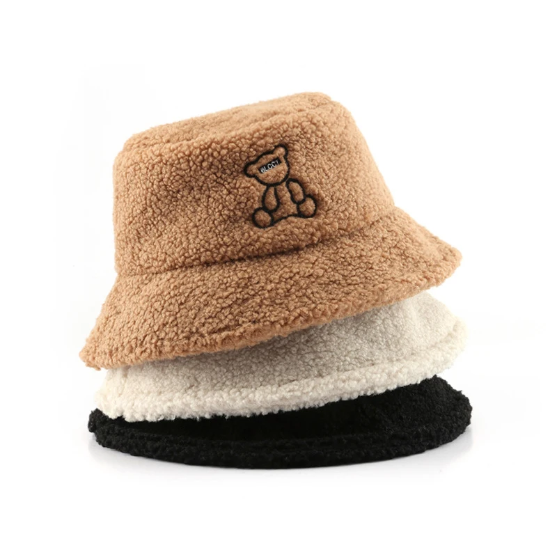 Wholesale Furry bucket hat custom animal embroidery logo Luxury Fuzzy Warm Fur Winter Fisherman Bucket Hat women