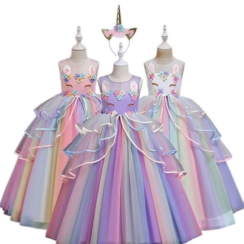 Applique Cotton Lining Full Length Formal Party Princess Kids Unicorn Flower Girls Wedding Dress