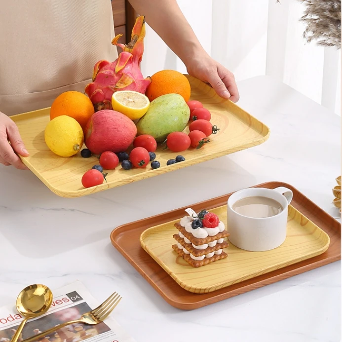 Large Capacity Disposable Rectangular Tray Wheat Straw PLASTIC Oak Grain Modern Dim Sum Dessert Fruit Tray Tea Set Barbecue