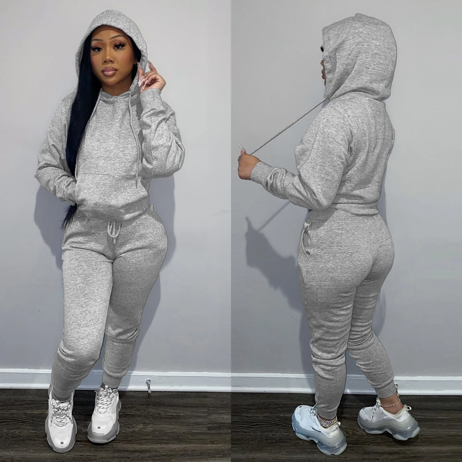J-325 High quality fall women clothes crop top hoodie drawstring trousers jogging jogger sweatsuit sweatpants and