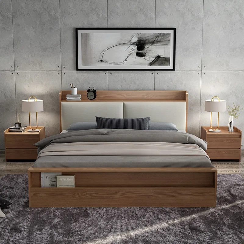 Modern up-holstered beds bedroom set king queen size wood bed with storage drawers