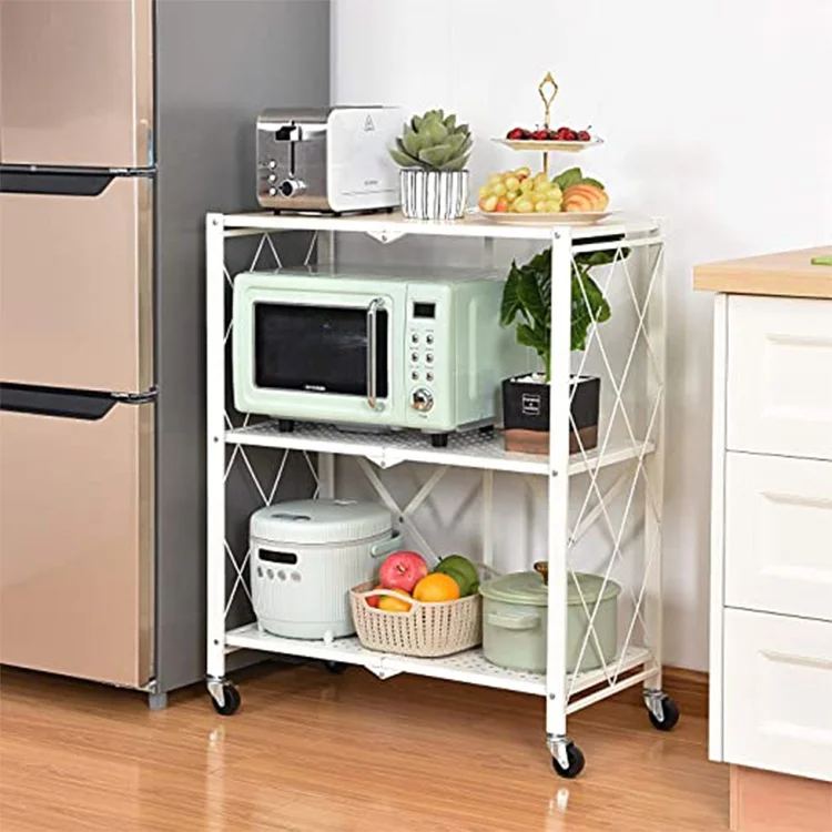 Kitchen Foldable Shelf Rack 3-Tier microwave oven Metal Folding Book Shelf White Display Shelves
