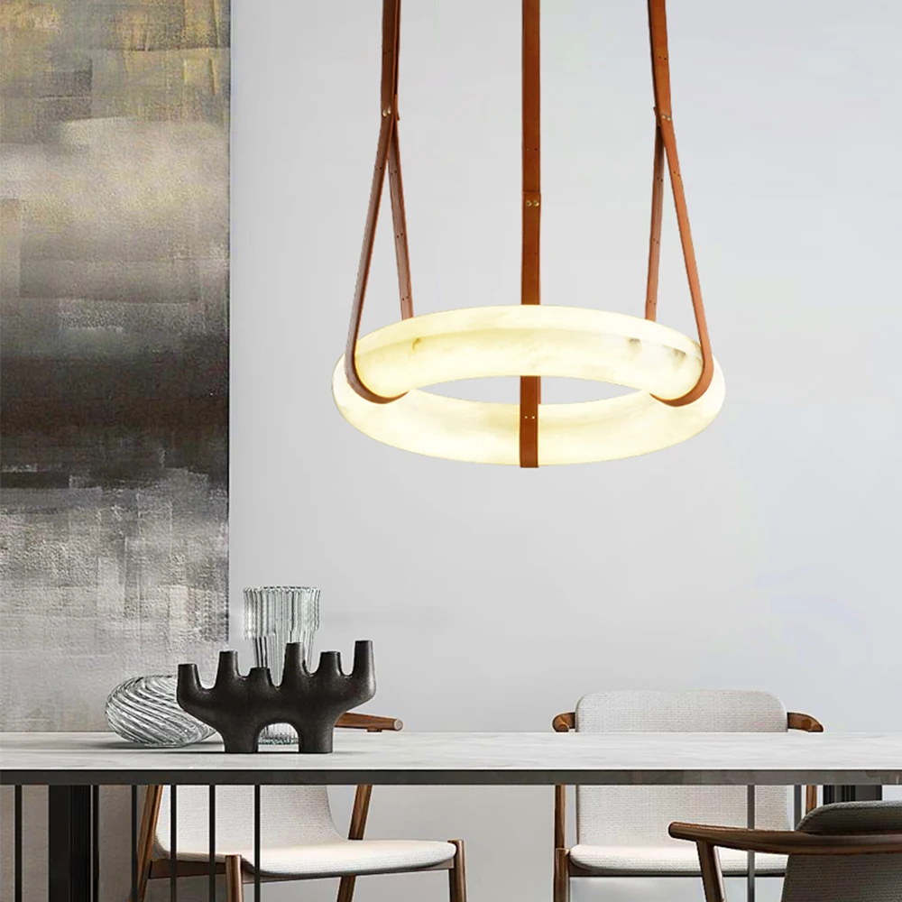Nordic circle ring office living room decorative lights brass white round marble led pendant light