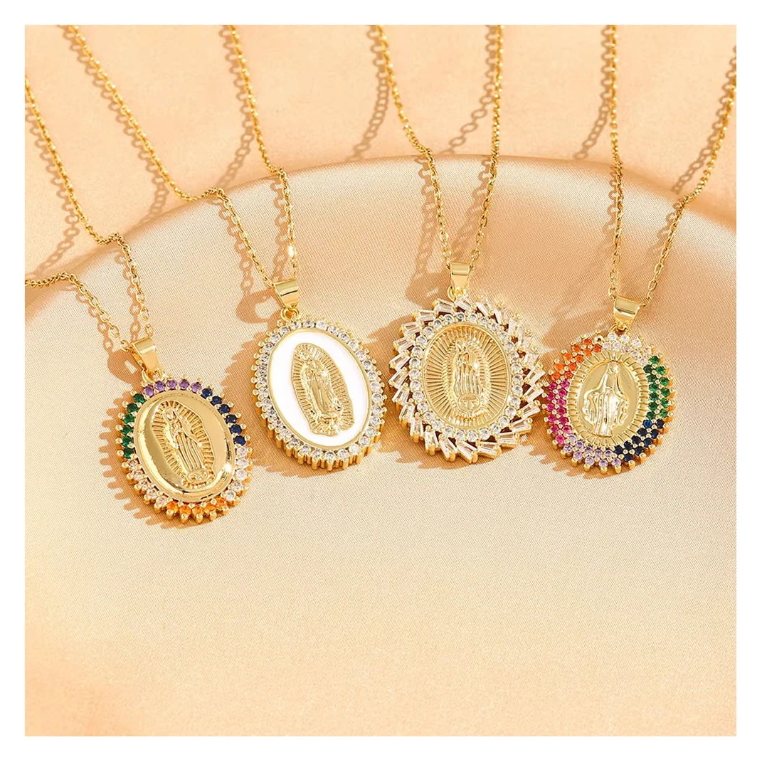 Christian Stainless Steel Zircon Waterdrop Virgin Mary Pendant Necklace Women Statement Opal Colorful CZ Lion Pendant Necklace