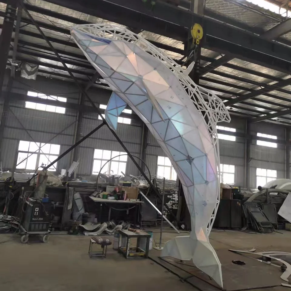 Contemporary metal artificial white whale welding outdoor yard statue landscape display stainless steel garden art sculpture
