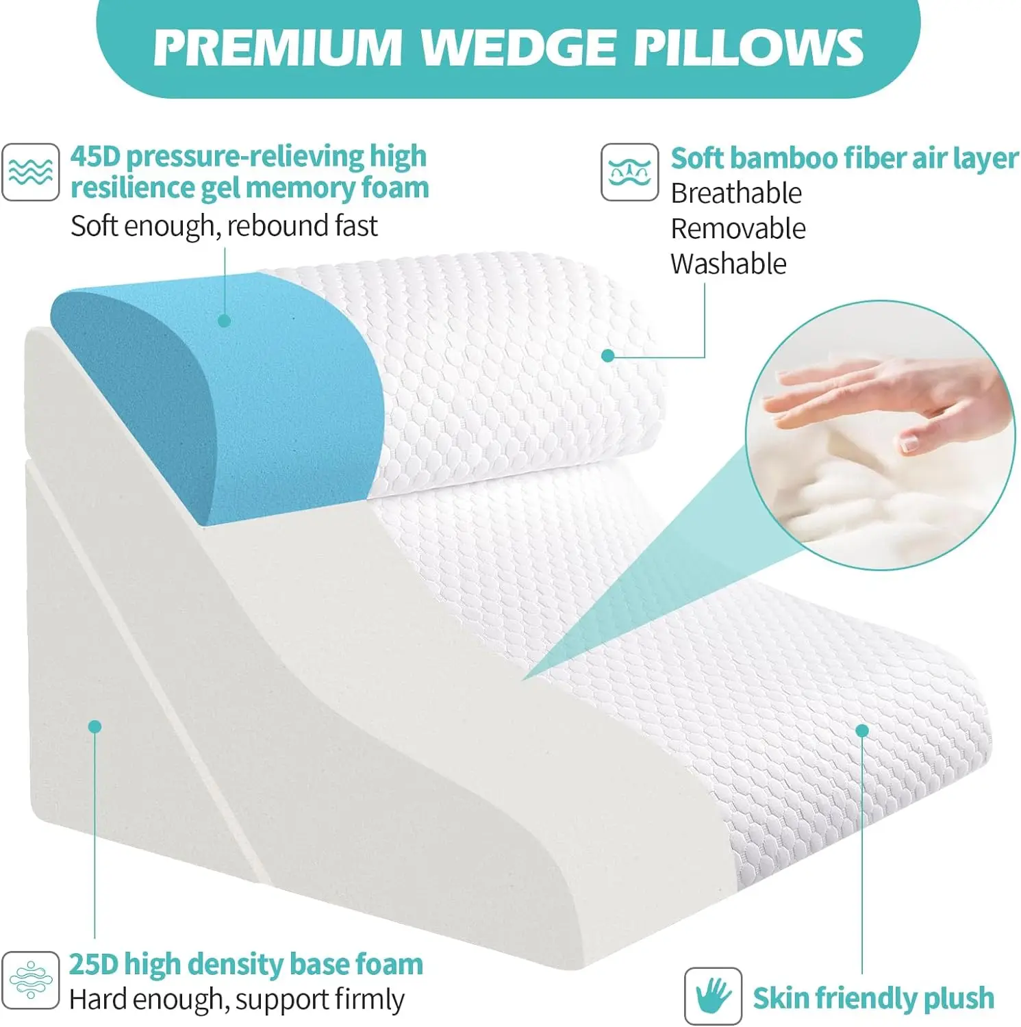 Orthopedic Bed Wedge Pillow Set 15-in-1 Removable Cover 3PCS Adjustable Memory Foam Wedge Pillows for Sleeping Comfortable