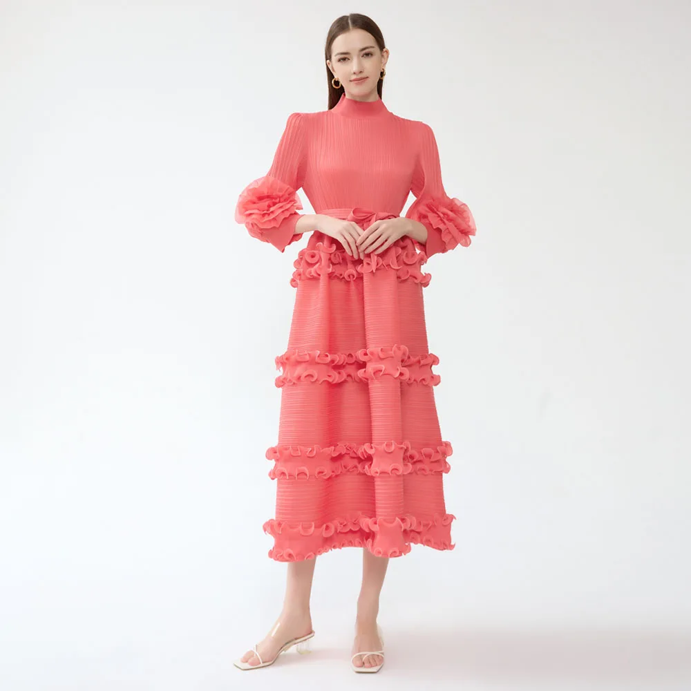 Custom Women High Quality Plus Size Solid Pleated Petal Sleeve Luxury Waisted Personality Madi Ladies Pleated Dress