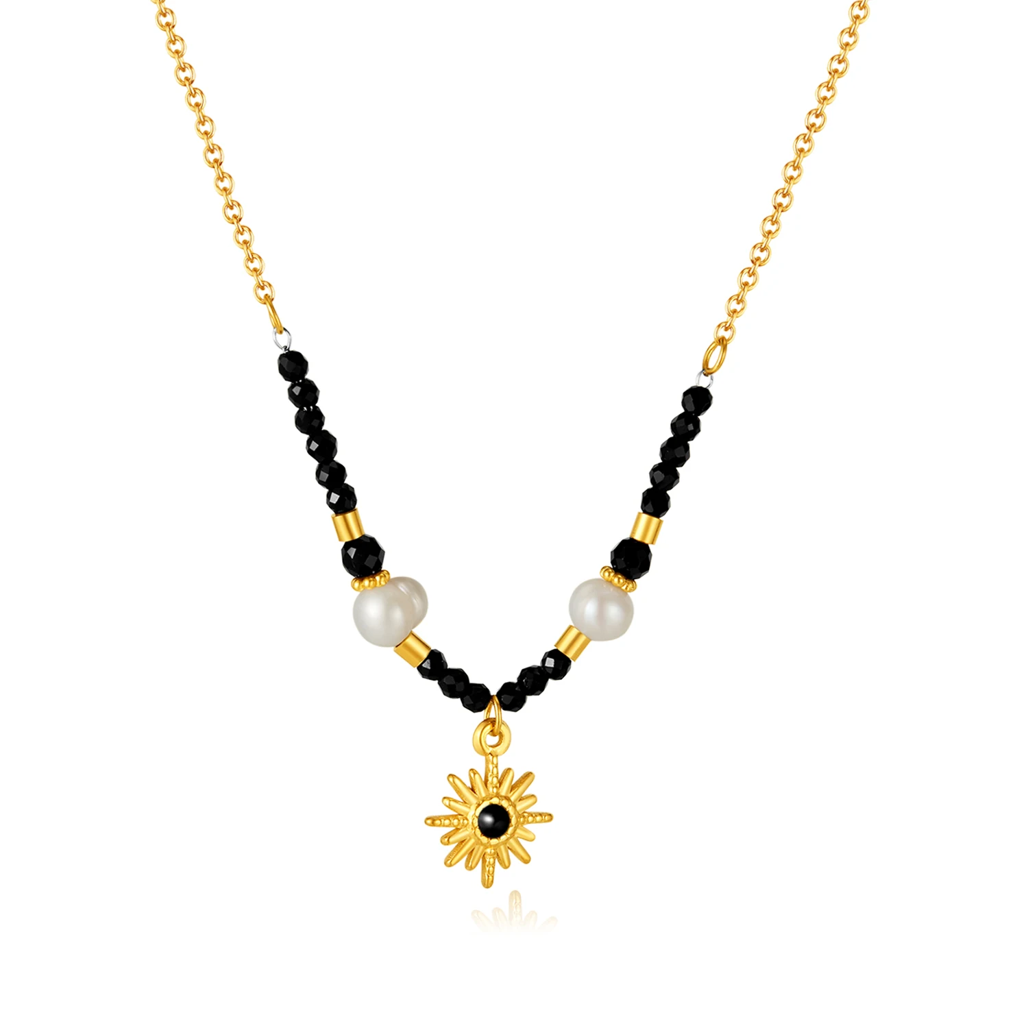Fashion Stainless Steel Sun Flower Natural Stone Beaded Chain Jewelry Black Gemstone Sunflower Pendant Necklace African Necklace