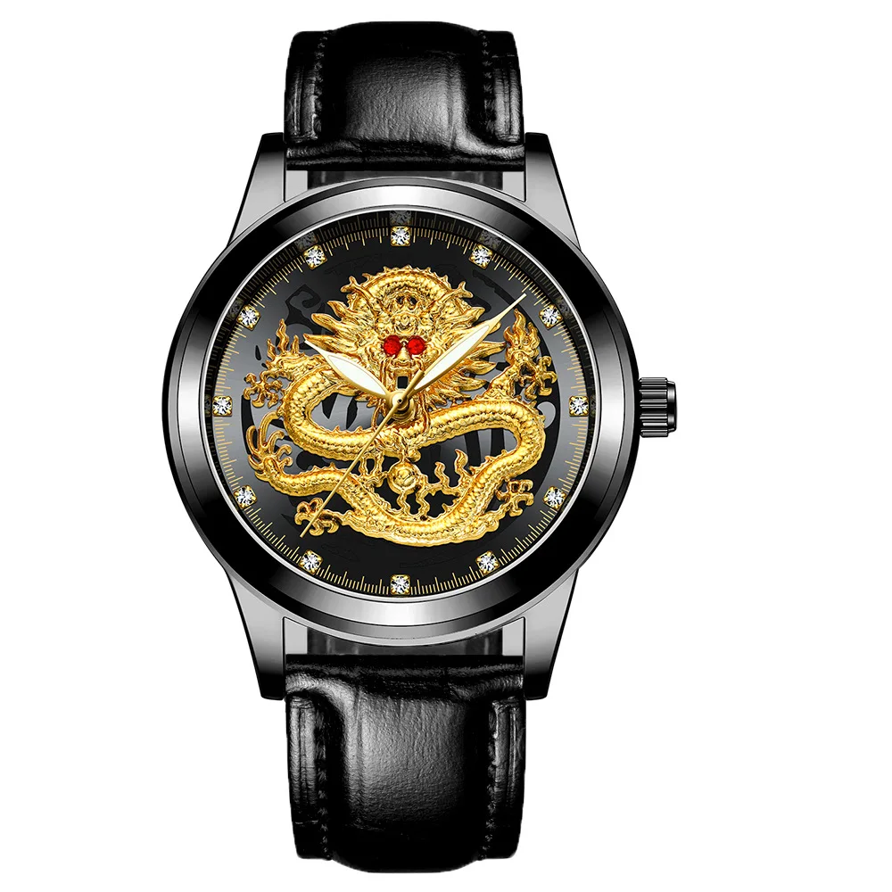 FNGEEN Luxury Sports Quartz Watches Men Women Full Gold Big Dial Dragon Phoenix Waterproof Luminous Calendar Stainless Steel
