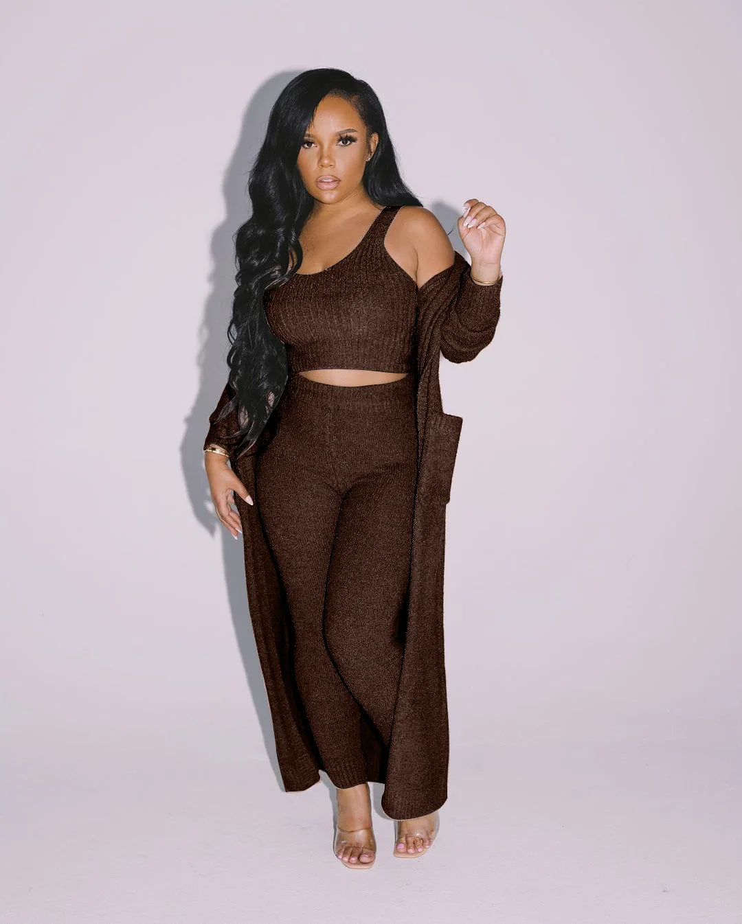 Youdo winter suit L5274 New Arrivals cotton fleece cardigan and long pants 3 piece set sweaters women